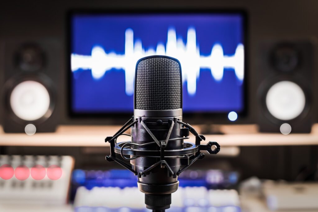 Image of a mic in front of a soundwave, signifying the importance of audio on social media.